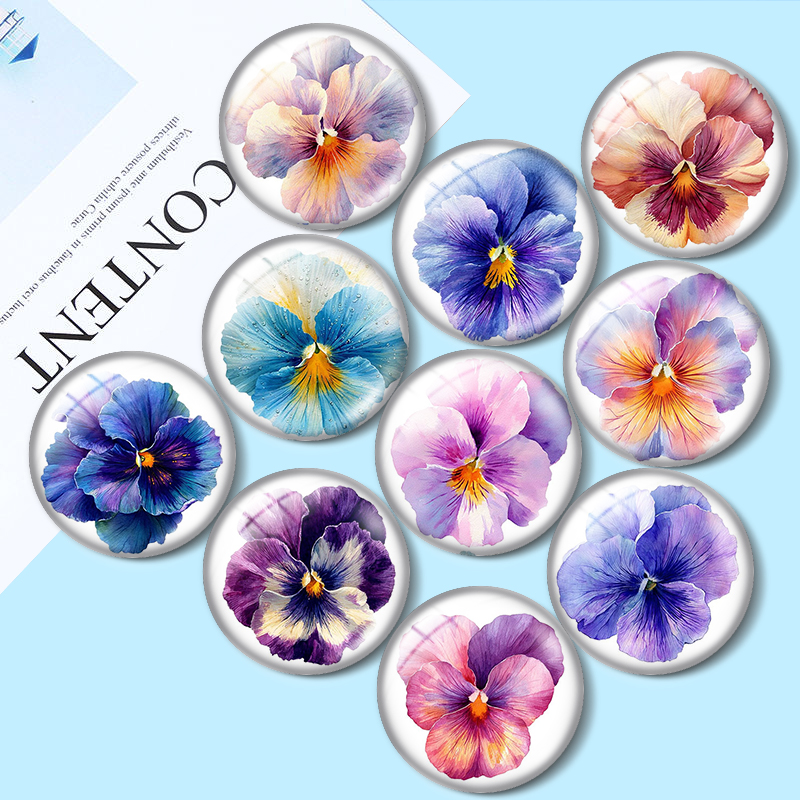 Body Jewelry Top - จี้แก้วคาโบชองลายดอกแพนซีสีน้ำ ขนาด 12/18/20/25 มม. สำหรับทำเครื่องประดับ ต่างหู