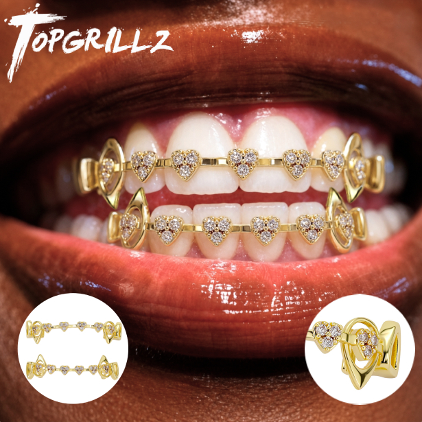 Body Jewelry Stores - TOPGRILLZ ชุดกริลล์ฟันรูปหัวใจแบบกลวง ประดับเพชร CZ แบบไมโครเพฟ สำหรับฟันบนและฟันล่าง