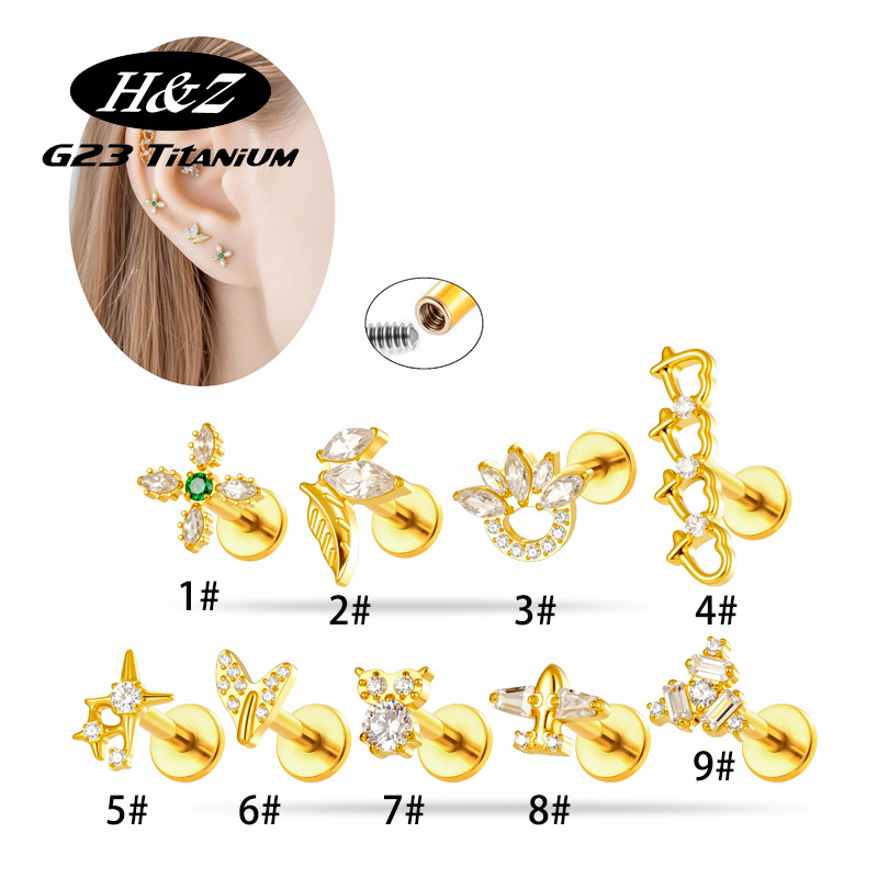 Body Jewelry Implant Grade - ต่างหูไทเทเนียม G23 ขนาด 16G รูปดอกไม้ประดับเพชร CZ