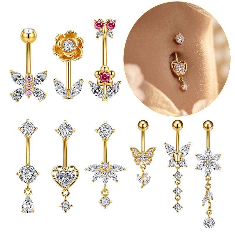 Body Jewelry Tunnels - 1 ชิ้น แหวนเจาะสะดือประดับเพชรเซอร์คอน วัสดุสแตนเลสคุณภาพสูง รูปทรงผีเสื้อและดอกไม้ ป้องกันการแพ้