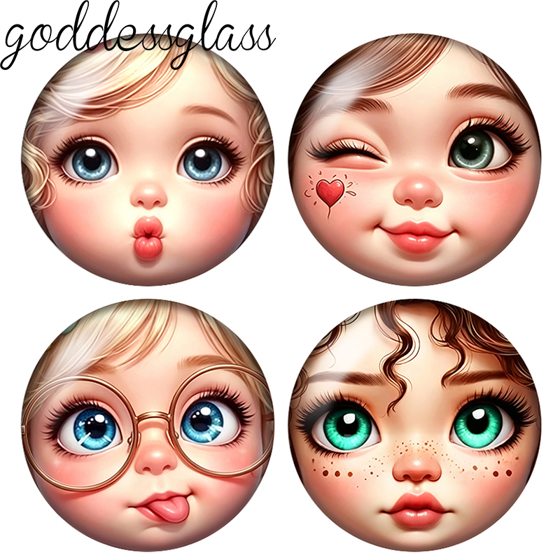 Body Jewelry Top - หน้าเด็กผู้หญิงน่ารัก แสดงท่าทางยิ้ม จุ๊บ ขนาด 12มม./18มม./20มม./25มม. กระจกคาโบชองทรงกลมแบบแบนสำหรับทำเครื่องประดับ