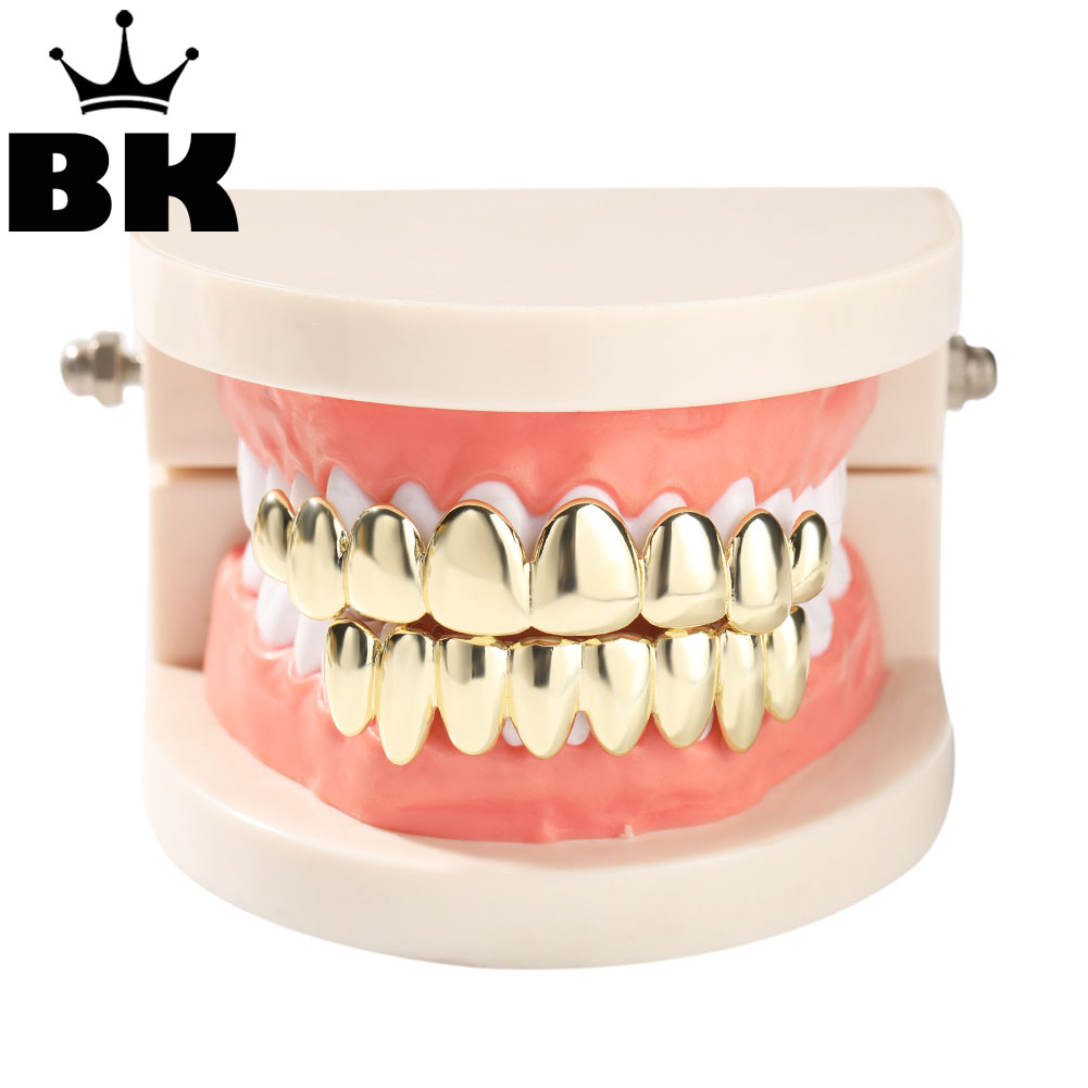 Body Jewelry Stores - ชุดตะแกรงทอง14K BLING King ชุดด้านบนและด้านล่าง8ฟันหมวกปากฮาโลวีนสำหรับการแสดงฮิปฮอปปาร์ตี้