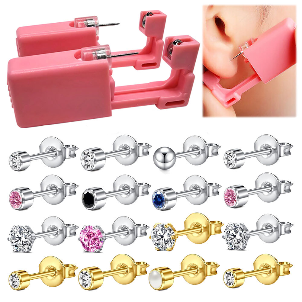 Body Jewelry Cleaner - 1 ชิ้น/4 ชิ้น ปืนเจาะหูแบบใช้แล้วทิ้งสีชมพู พร้อมต่างหู CZ
