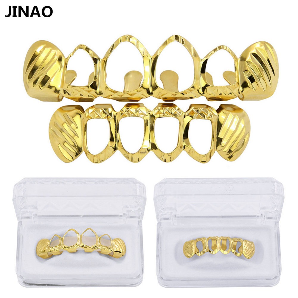 Body Jewelry Stores - จิงโจ้ใหม่Fit D-ตัดGrillzชุดสีทองชุบด้านบน & ด้านล่างฟัน4เปิดHip Hop grills