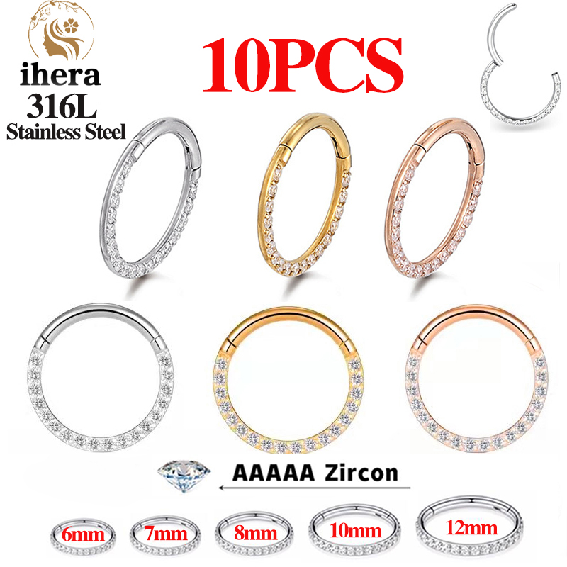 Body Jewelry Stores - 1/10 ชิ้น ต่างหูสแตนเลสแบบคลิกเกอร์สำหรับจมูก ประดับเพชร CZ ทรงกลม