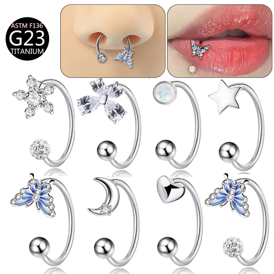 Body Jewelry Labret - แหวนจมูกไทเทเนียม ASTM F136 รูปผีเสื้อ ประดับเพชร CZ