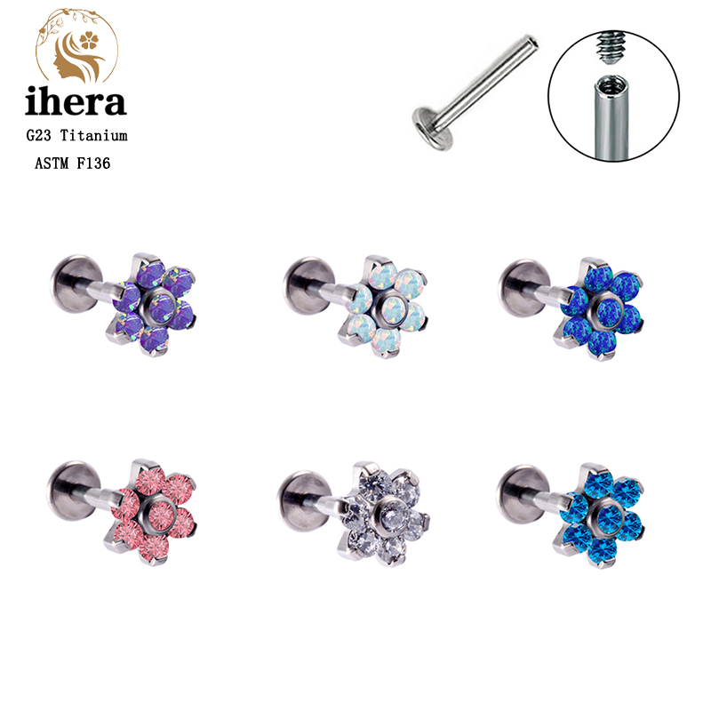 Body Jewelry Labret - ต่างหูไทเทเนียม G23 ประดับโอปอลรูปดอกไม้ แบบเจาะ ASTM F136