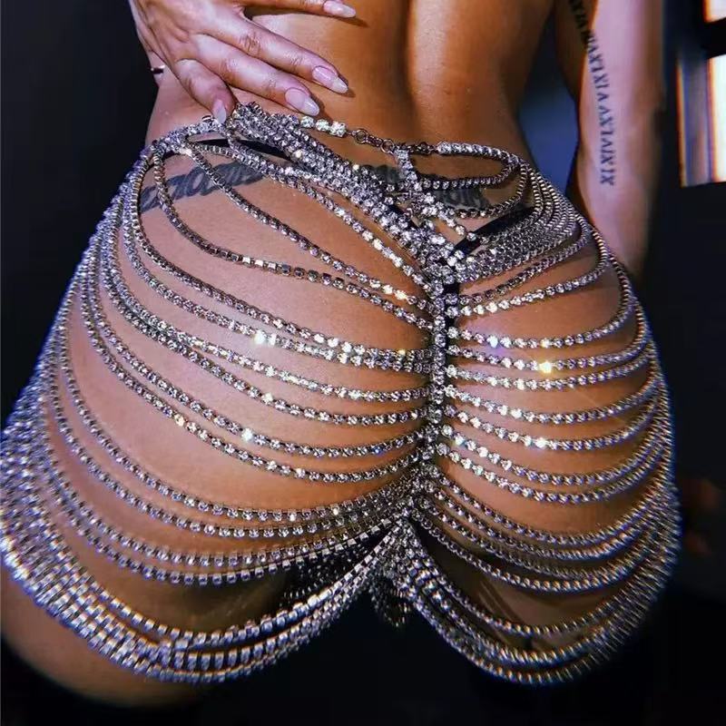Body Jewelry Tunnels - กระโปรงครึ่งตัวประดับเพชรเทียมสุดเซ็กซี่ แฟชั่นเก๋ไก๋ ระยิบระยับ โชว์สัดส่วน สำหรับใส่แสดงในไนต์คลับ ชุดบอดี้เชนสำหรับผู้หญิง